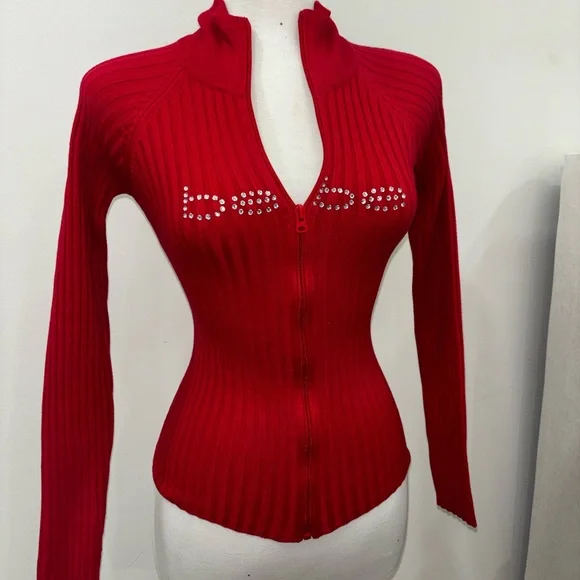 Vintage Bebe Crimson Ribbed Zip-Up Top - Picture 2 of 5